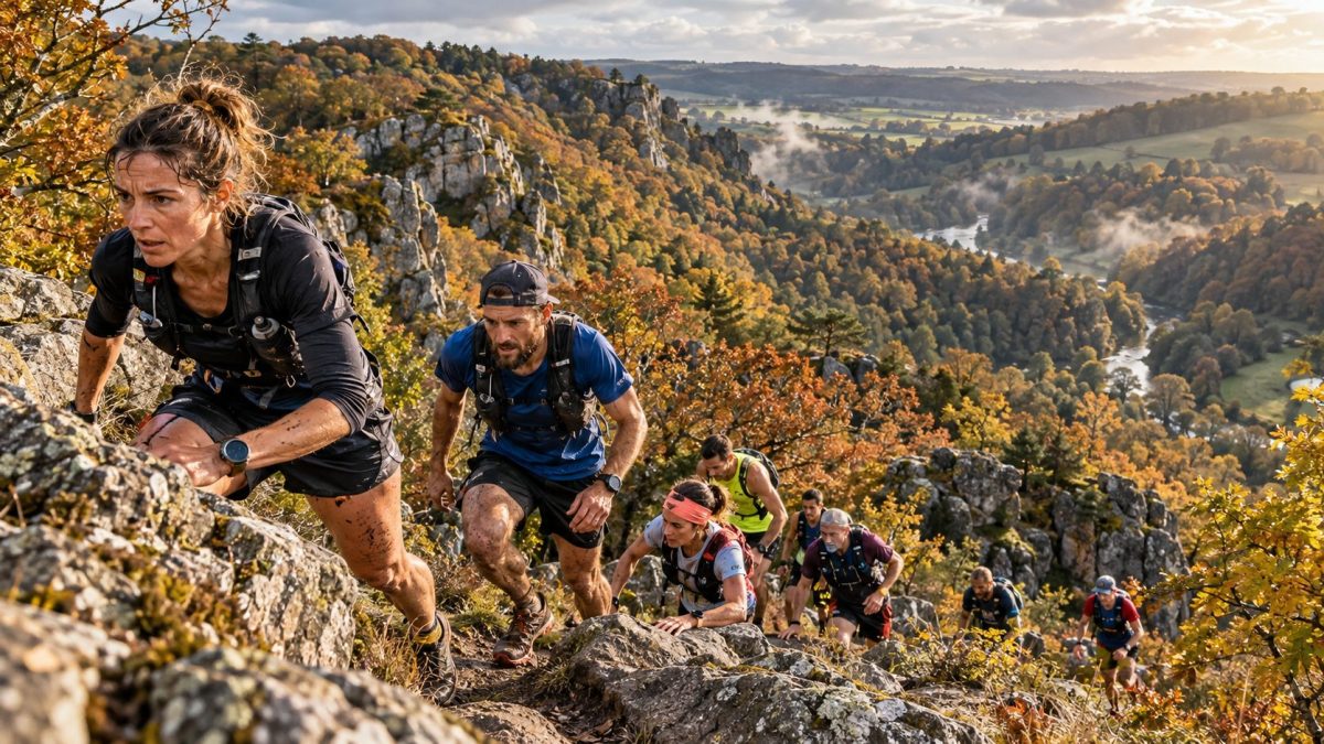 Traileuses et traileurs gravissant un sentier rocheux escarpé au-dessus des gorges de la Rouvre, avec les falaises de la Roche d’Oëtre et les forêts de Suisse normande aux couleurs de l’automne, lors du Trail de la Roche d’Oëtre 2026.