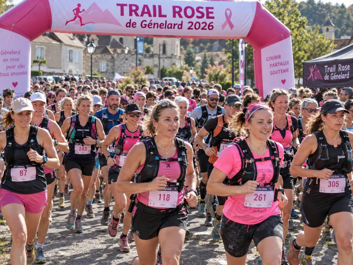 Départ du Trail Rose de Génelard 2026 avec un peloton en tenues de trail roses et noires, sous l’arche de départ dans les rues de Génelard.