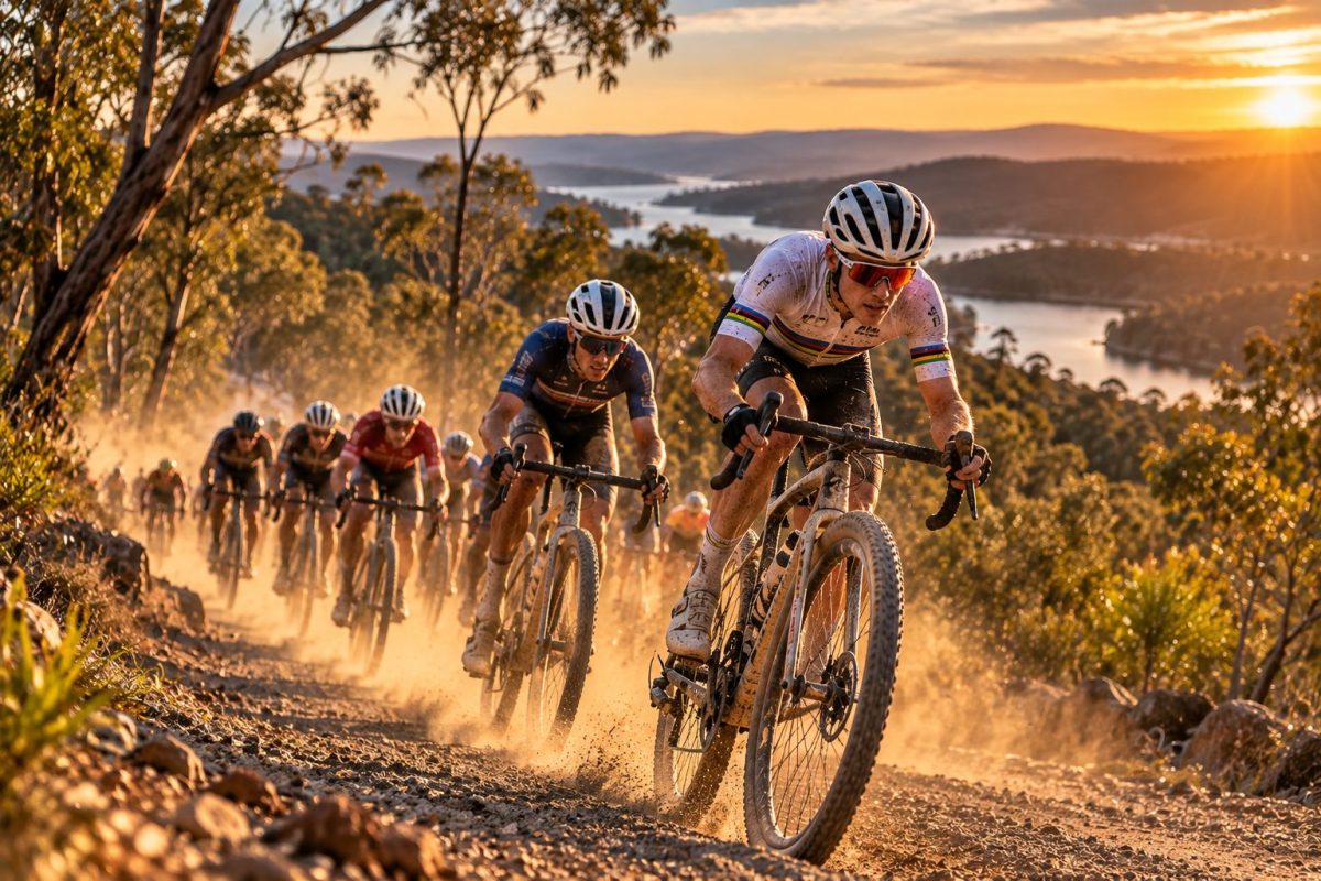 Cyclistes en plein effort sur un chemin gravel poussiéreux lors des Championnats du monde Gravel UCI 2026 à Nannup en Australie, au coucher du soleil.