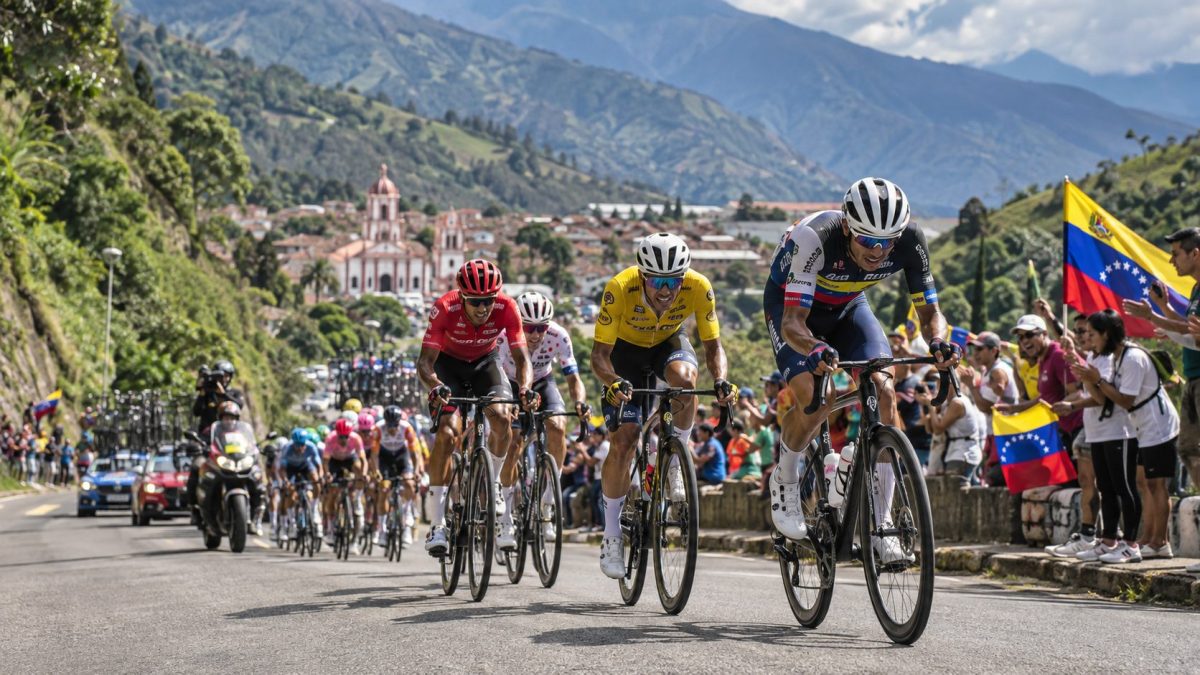Peloton de la Vuelta Ciclista a Venezuela 2026 en pleine ascension sur une route montagneuse, avec des spectateurs et des drapeaux vénézuéliens en bord de route.